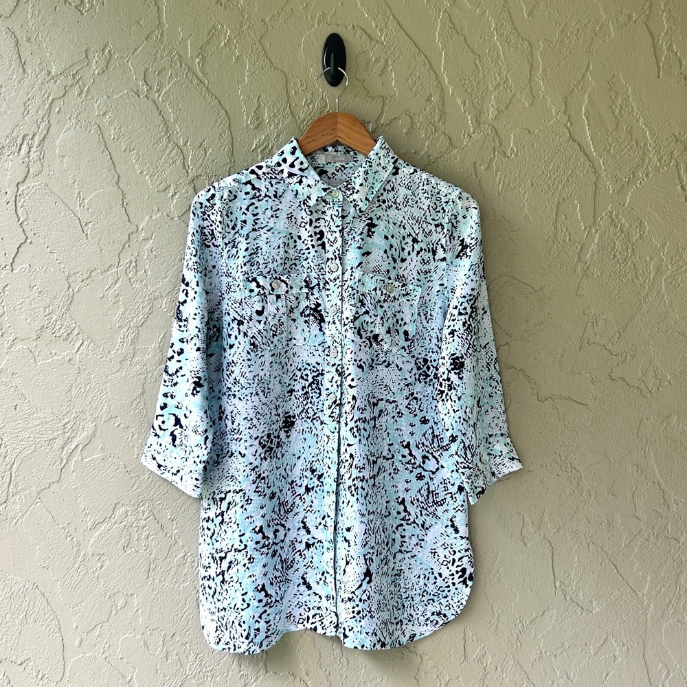 Chico's No Iron Women Size 0 Multi Small 3/4 Sleeves 100% Linen Tunic Shirt NWOT